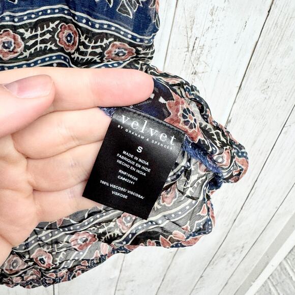 Velvet Shirt Women Size Small Multi Ruffle Scoop Neck Short Sleeve Blouse Boho - Picture 4 of 6